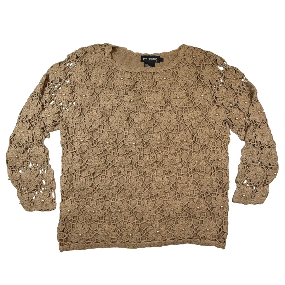 VTG Pierre Cardin Silk Floral Crochet Sweater Womens L Tan‎ Pearl Knit Coquette